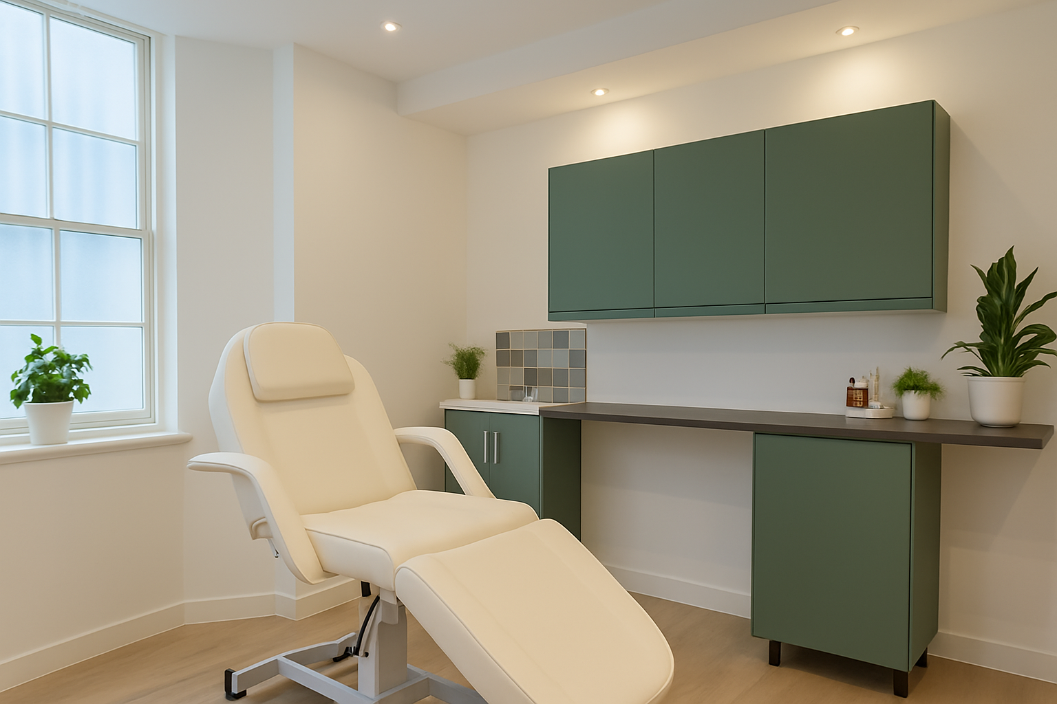 Modern clinical treatment room with reclining chair, cabinetry, and natural light in Mayfair, London