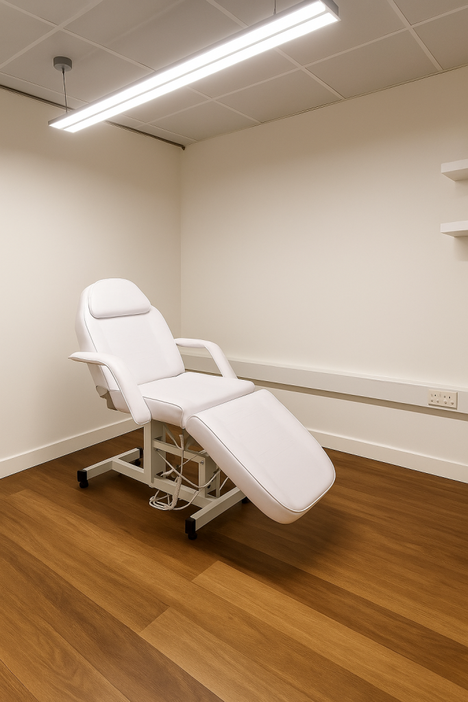 Modern clinical room in Hyde Park featuring a reclining medical chair, clean white walls, and warm wooden flooring.