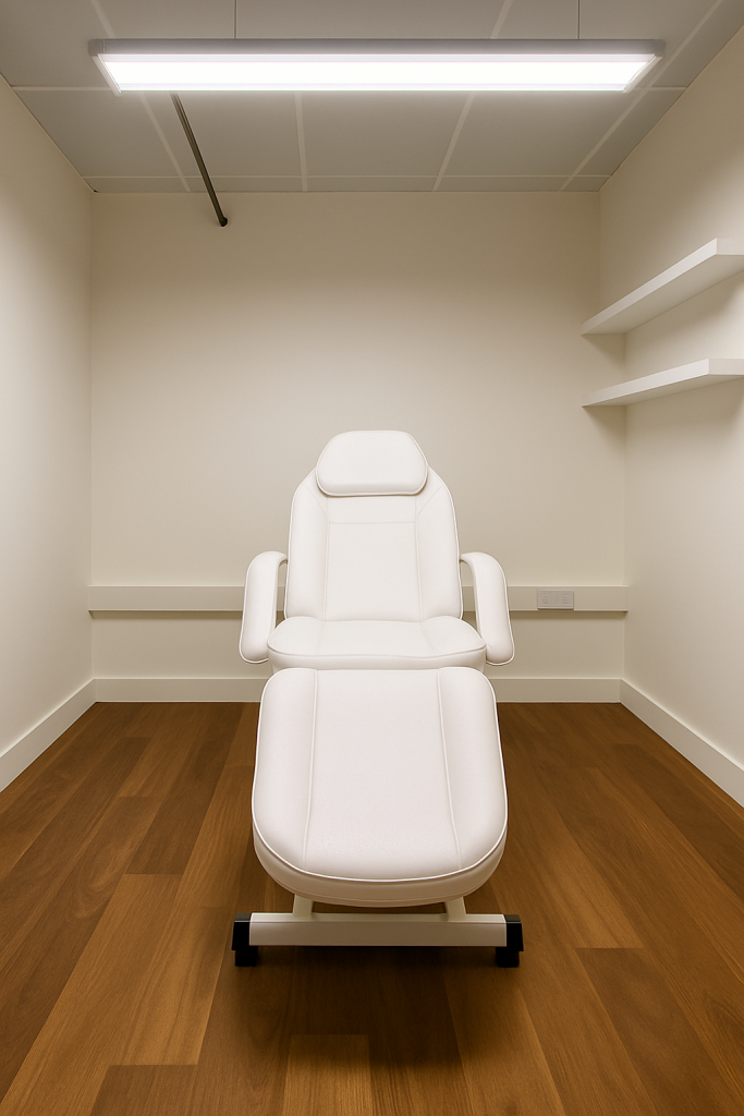 A clinical treatment room featuring a white medical chair facing the camera, placed on a wooden floor with clean white walls and overhead lighting.