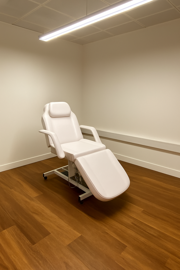 Private clinical room with adjustable treatment chair, wooden flooring, and bright overhead lighting in a professional medical setting.