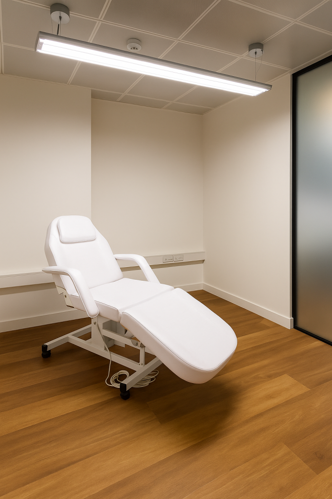 A modern clinical treatment room with a white adjustable medical chair, wood flooring, and partial glass partition.
