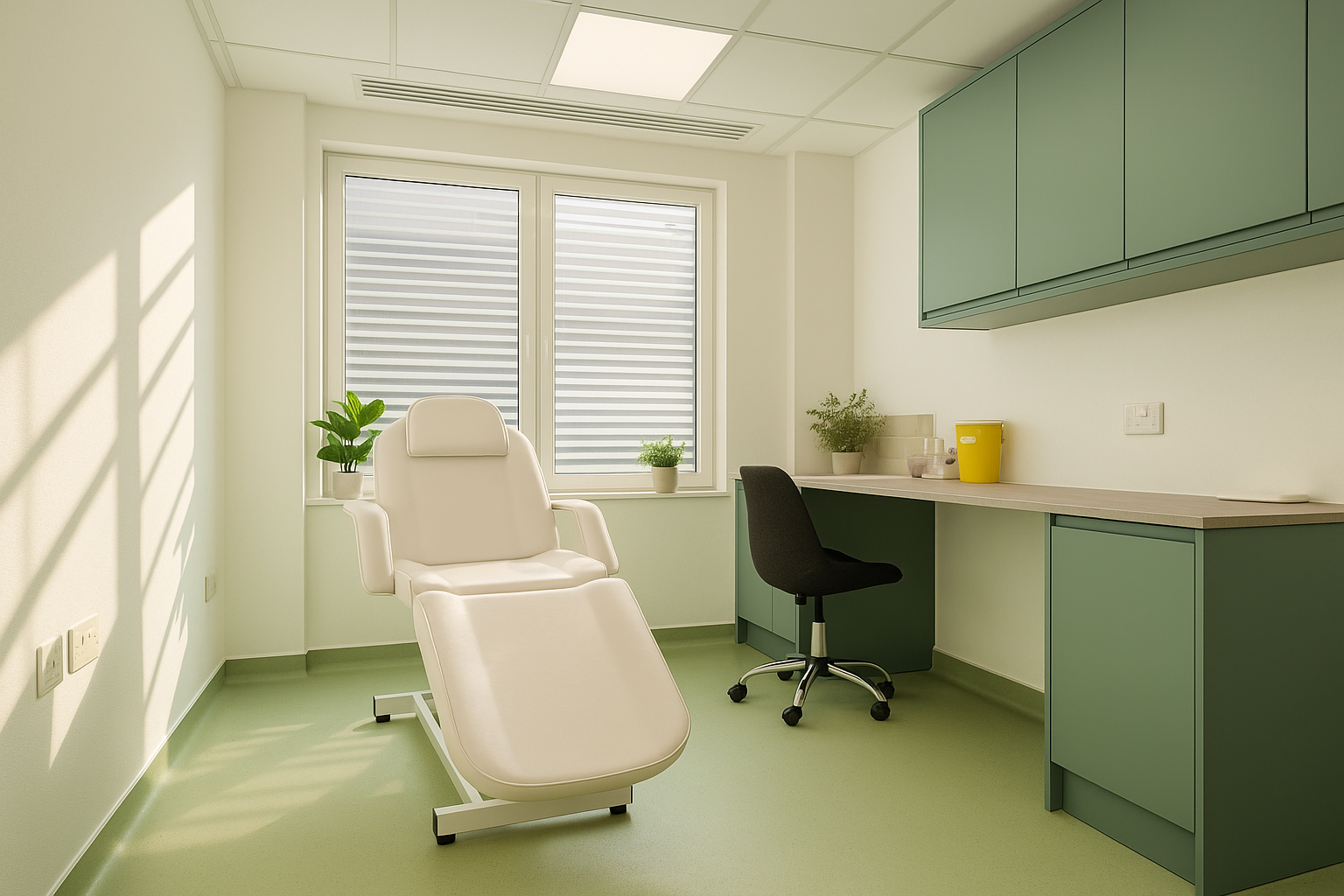 Modern clinic room for rent Oxford Circus at 33 Cavendish Square, London with treatment chair, sink, and storage units.