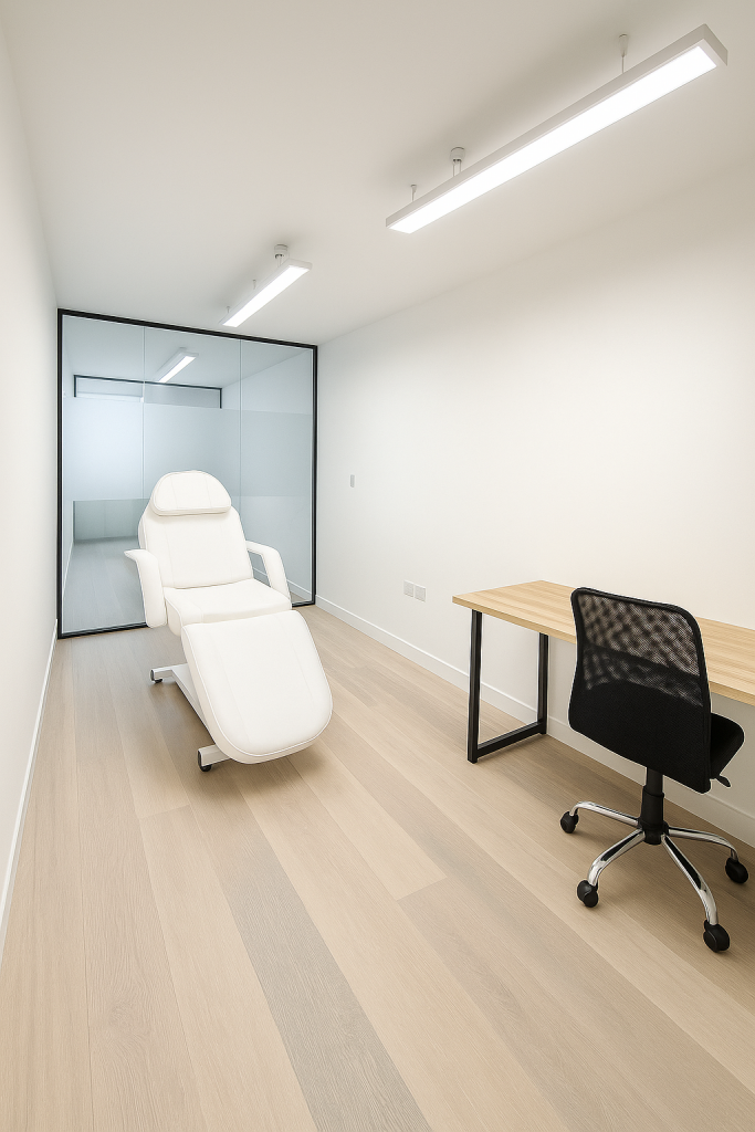 Modern clinical treatment room in Knightsbridge with medical chair, desk and office chair, ideal for aesthetic or medical use.