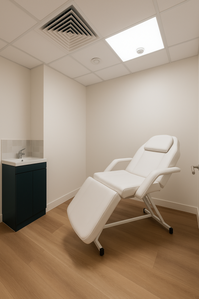 Clinical room to rent in London – Room 260 at 33 Cavendish Square with treatment chair and sink.