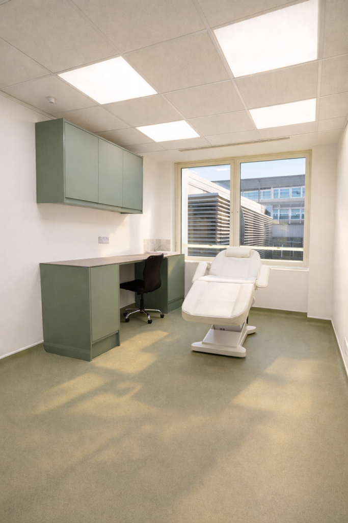 CQC compliant clinic room at 33 Cavendish Square with treatment setup