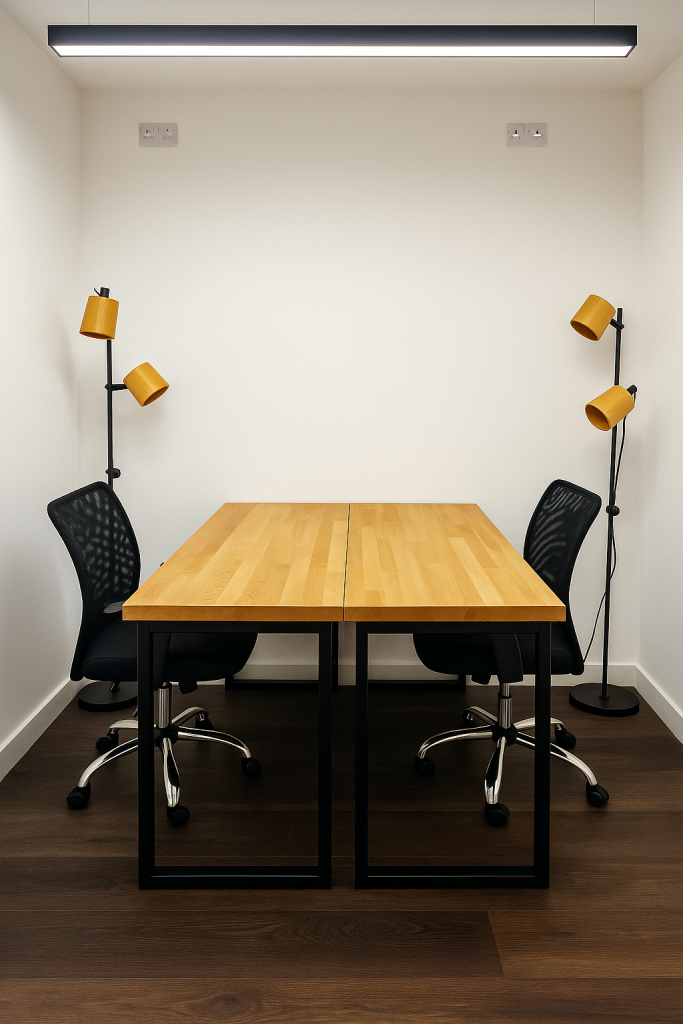 Modern workspace in SW1X, 2nd Floor Office 7 at 21 Knightsbridge with wooden desk, chairs, and stylish lighting.