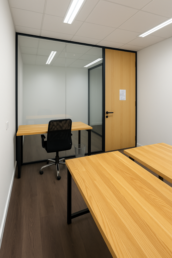 Modern London coworking office on the 5th floor, office 4 with wooden desks, glass partition, and natural lighting.