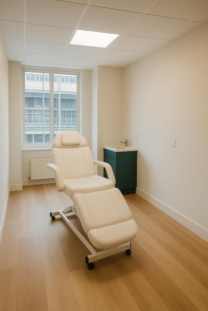 Bright private clinical space in London W1G with a treatment chair, natural light, and a modern medical setup – Room 412A at Cavendish Square.
