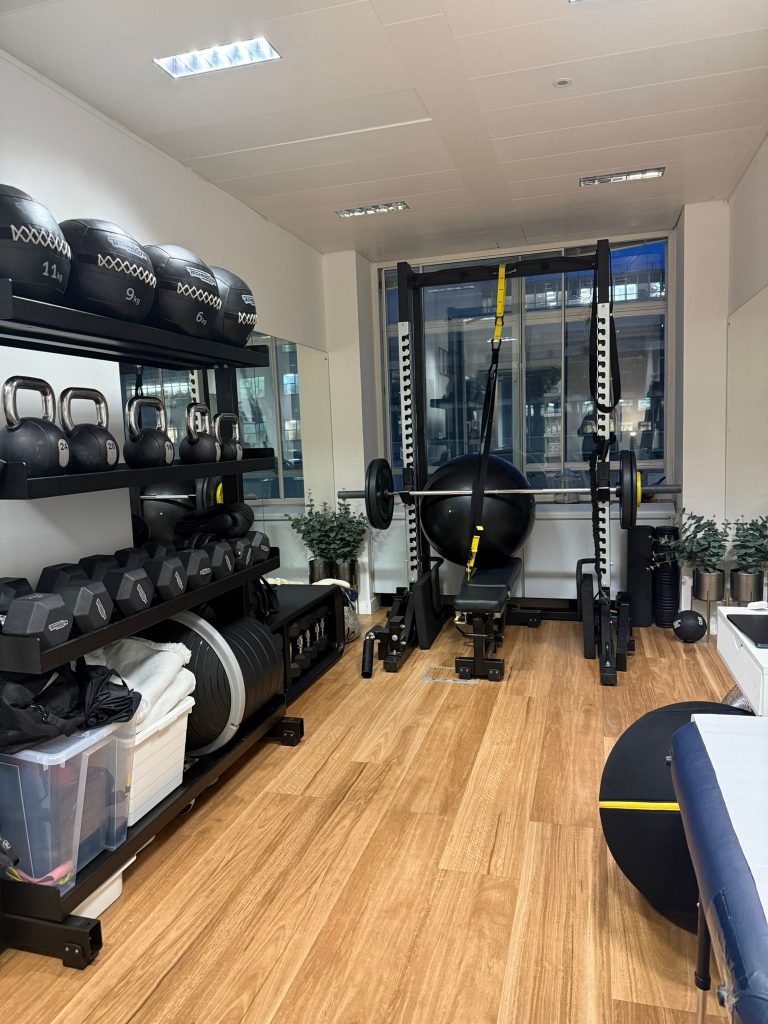 Spacious private fitness studio available for personal training in Oxford Circus, fully equipped for 1:1 sessions and professional gym use.