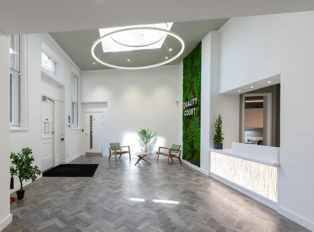 Entrance hall and reception desk at 1 Quality Court office space, Holborn WC2A