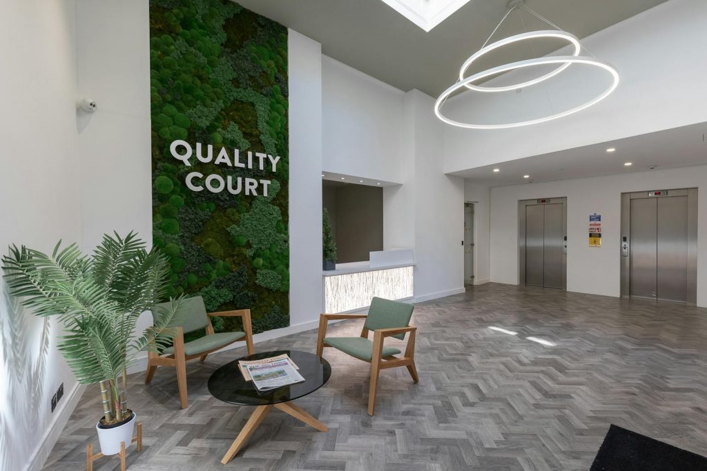 Staffed reception with living green wall at 1 Quality Court serviced offices, Holborn